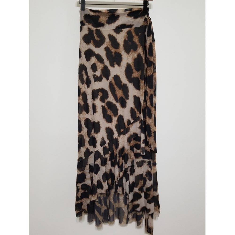 GANNI Leopard Print Mesh Ruffled Wrap Midi Skirt Brown EU 38 US 6 $245 - Picture 6 of 16